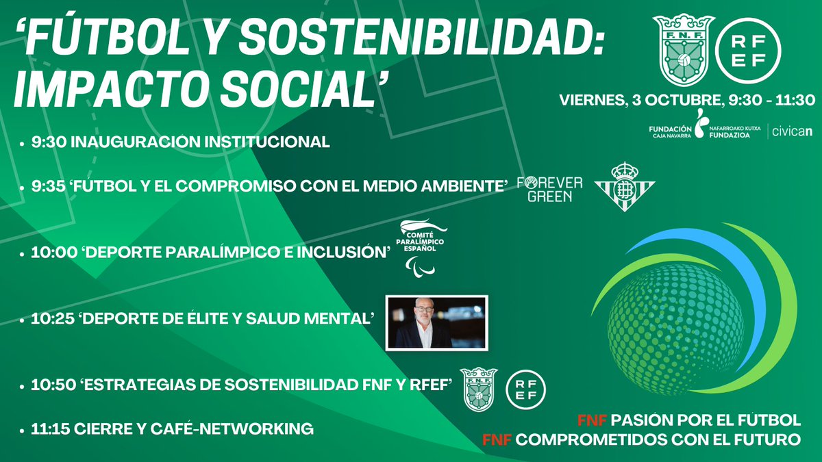 <a href="/CivicanFCN/">CIVICAN</a> <a href="/fundacionbetis/">fundacionbetis</a> <a href="/byforevergreen/">Forever Green</a> <a href="/Paralimpicos/">Comité Paralímpico Español</a> <a href="/AlbertoJcasas/">Julio Alberto ©️</a> <a href="/FundacionRelife/">Fundación Relife</a> <a href="/rfef/">RFEF</a> <a href="/Francisco_Botia/">Paco Botía</a> <a href="/inigoalli/">Íñigo Alli</a> <a href="/gj83g/">Gorka.Galán</a> 🌲💚 ¿Sabes como contribuye <a href="/fundacionbetis/">fundacionbetis</a> a cuidad el medio ambiente? Conoce el proyecto #ForeverGreen

♻️🌍 #FútbolYSostenibilidad

🕤 9:30-11:30 
📍 <a href="/CivicanFCN/">CIVICAN</a> 

También:
🗣️ <a href="/AlbertoJcasas/">Julio Alberto ©️</a> 
🗣️ <a href="/Paralimpicos/">Comité Paralímpico Español</a> 
🗣️ FNF+<a href="/rfef/">RFEF</a> 

🎟️ GRATUITA

📝Inscríbete👇
futnavarra.es/pnfg/NNws_ShwN…