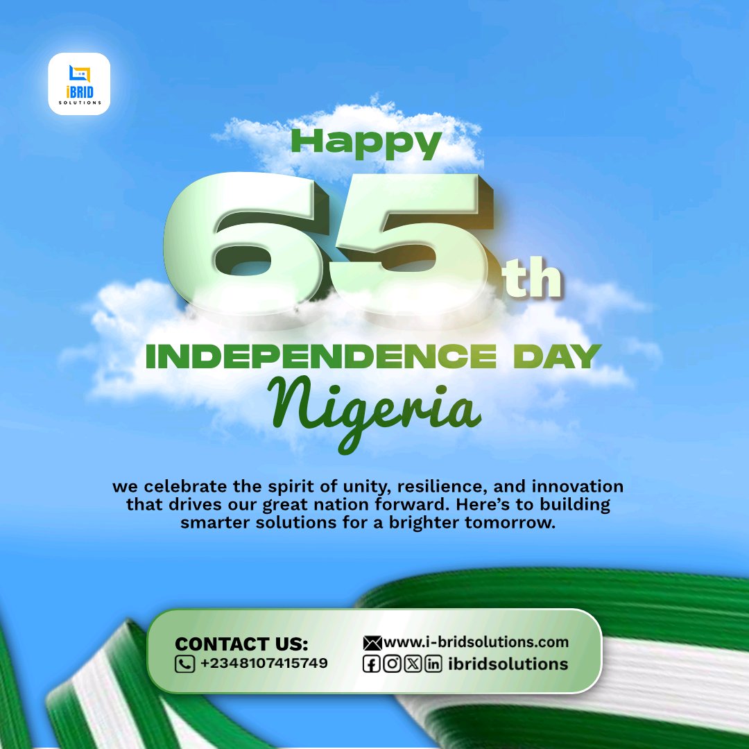ibrid_solutions's tweet photo. Happy Independence Day, Nigeria! 
64 years of resilience, innovation, and progress.
We’re proud to help Nigerian businesses thrive in the digital age. #NigeriaAt64 #IndependenceDay #iBRIDSOLUTIONS https://t.co/mYbC3SX4di