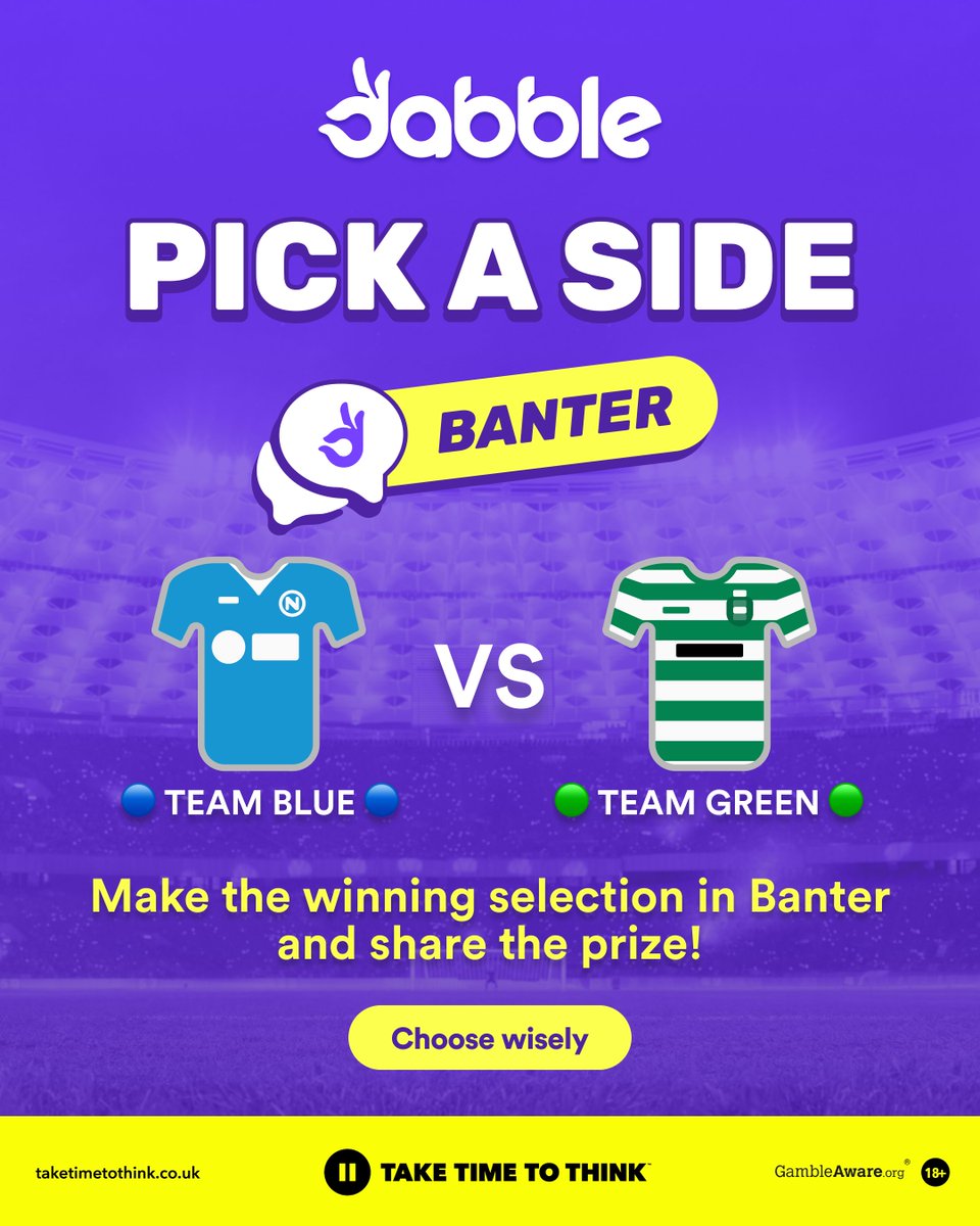 dabblecouk's tweet image. Pick a Side RETURNS tonight ๐ฅ
Head to the Banter Chat at 7pm to cast your vote, either ๐ตor ๐ข
Who will take the points - Napoli or Sporting? โฝ๏ธ
18+. GambleAware.org