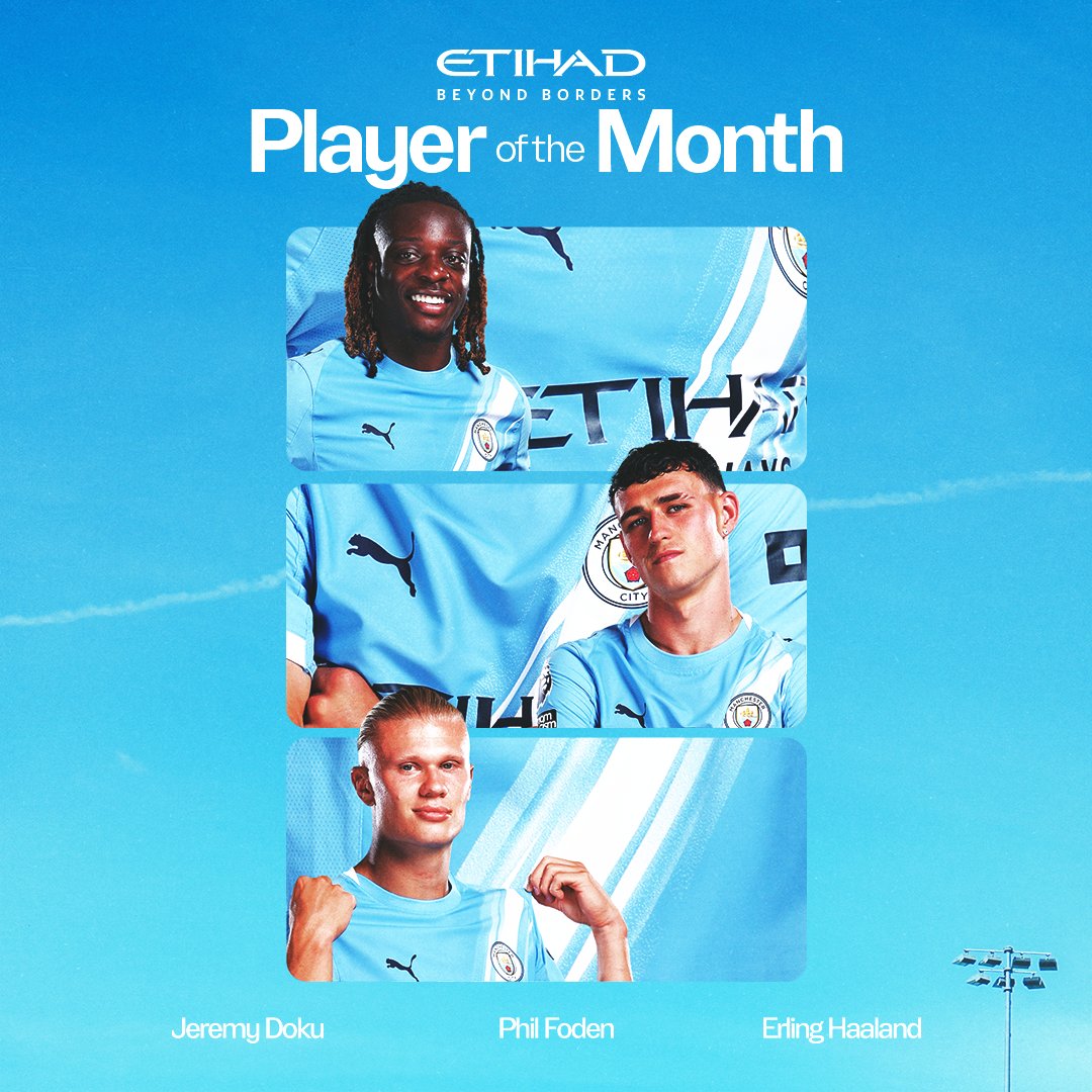 ManCity's tweet photo. It's time to cast your vote for September's @etihad Player of the Month!

⚡️ @JeremyDoku
💫 @PhilFoden
💪 @erling

Vote now! ⤵️