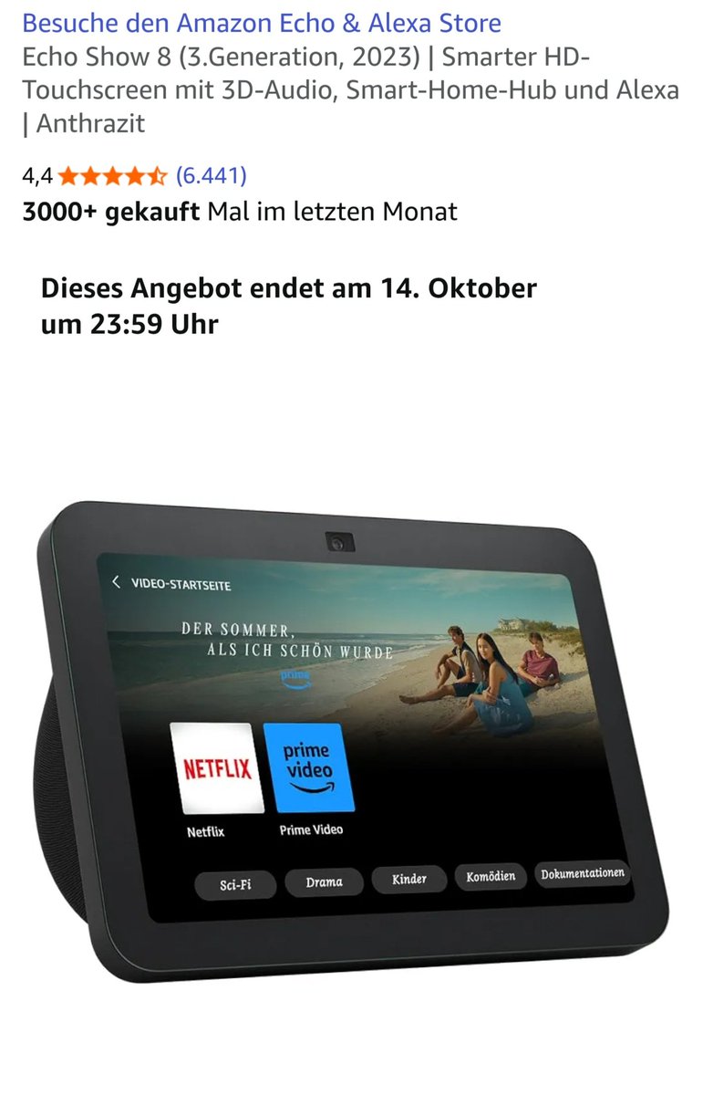 Niklas199587638's tweet image. WERBUNG: Nur bis 14. Okt.! 📺 Echo Show 8 im Mega-Deal sichern! Hier klicken!
​Ihr Link zum Kopieren und Einfügen:
​stylink.it/k0BAxSJZ1Y2​#Werbung #EchoShow8 #SmartHomeHub #AlexaDeals #AmazonDeals  liken teilen folgen