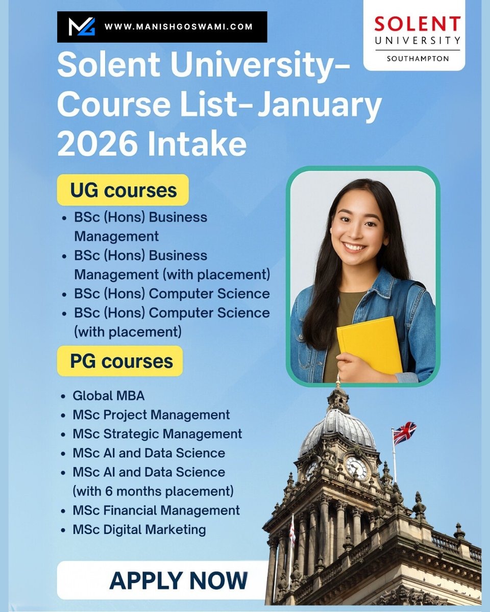 🎓🌍 Study at Solent University, Southampton – January 2026 Intake! 🌍🎓

Looking to pursue your UG or PG degree in the UK? Solent University offers excellent programs with strong placement opportunities.

📌 UG Courses:

BSc (Hons) Business Management

BSc (Hons) Business