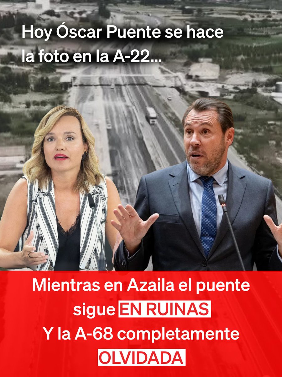🔴 El ministro Puente viene a cortar cintas en la A-22. Mientras...

❌ El puente de Azaila tardará de 9 a 12 meses en ser reparado tras la riada (el @gobaragon reparó el de Belchite en 3 meses)

❌ La A-68 lleva 20 años de promesas con 0 km terminados

Y continuamos ⬇️