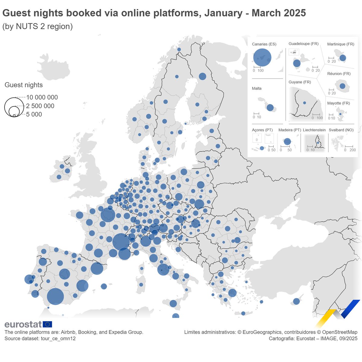 In Q1 2025, the most popular regions in the EU for short-term rental accommodation, booked via Airbnb, Booking or Expedia, were:

🇪🇸Canarias (8.8 million nights)
🇫🇷Rhône-Alpes (8.1 million) 
🇪🇸Andalucía (7.7 million)

Learn more 👉link.europa.eu/nyhm8j