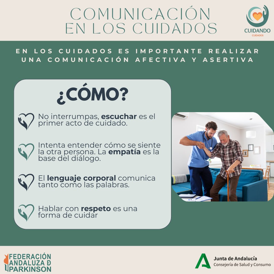 fandepandalucia's tweet photo. 🗣️Cuidar es #acompañar con respeto, empatía y amor. En el #Parkinson, la #comunicación puede verse afectada.
💬 Fomentemos una comunicación #afectiva y #asertiva: mejora el vínculo y bienestar de todos/as.
🤝 #Cuidar es comunicar.
📌 Campaña “Avanzando con Parkinson” @saludand https://t.co/96TUyD0aGy