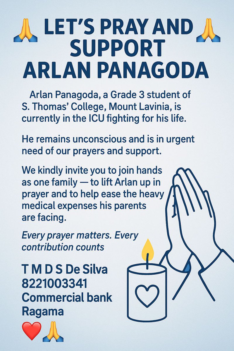 Arlan was a classmate of my son in Gr 1 &amp; still continue to be a friend.

Let's help little Arlan 

🙏Every prayer matters. Every contribution counts.

💙Let’s stand together for Arlan.

T M D S De Silva
8221003341
Commercial bank Ragama