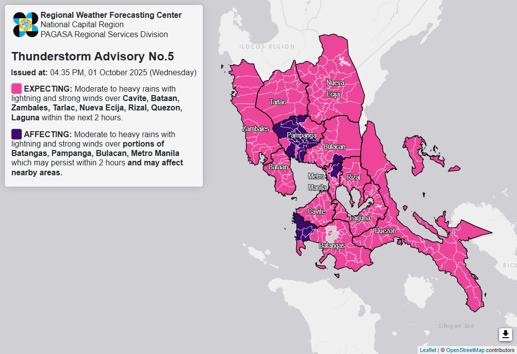 Thunderstorm Advisory No. 5 #NCR_PRSD
Issued at: 4:35 PM, 01 October 2025(Wednesday)

Moderate to heavy rainshowers with lightning and strong winds are expected over Cavite, Bataan, Zambales, Tarlac, Nueva Ecija, Rizal, Quezon and Laguna within the next 2 hours.

The above