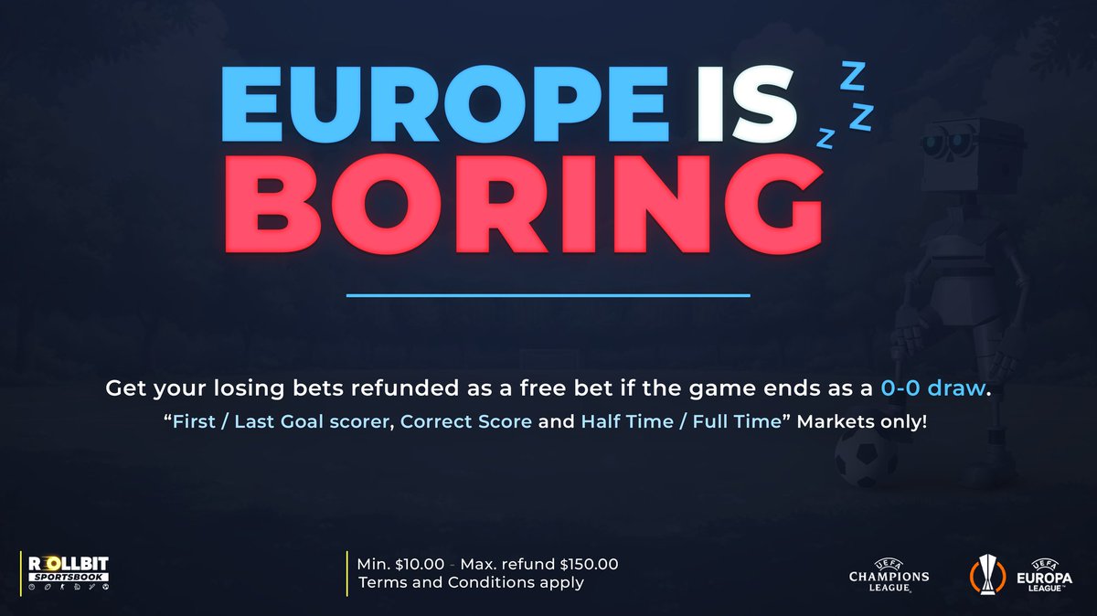 SalladurDeli's tweet image. #rollbit Europe Is Boring promotion refunds your wager as a freebet if the match ends 0-0 draw at all CL, Europa League games! 
2 Up Early Payout pays you out before the match ends if the team you bet on leads by 2 goals!
What the hell are they trying to do?