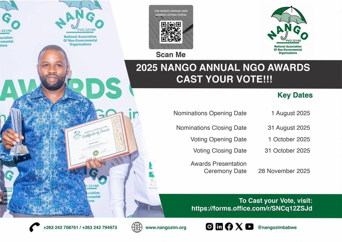 nangozimbabwe's tweet image. 📷 Vote Now! 📷

The 13th NANGO Annual NGO Awards are open! 📷
Celebrate the organisations and leaders transforming communities across Zimbabwe. Every vote counts!

📷 Vote here: forms.office.com/r/SNCq12ZSJd
📷 Voting closes 31 October 2025. Don’t miss out!

#ngoawards2025…