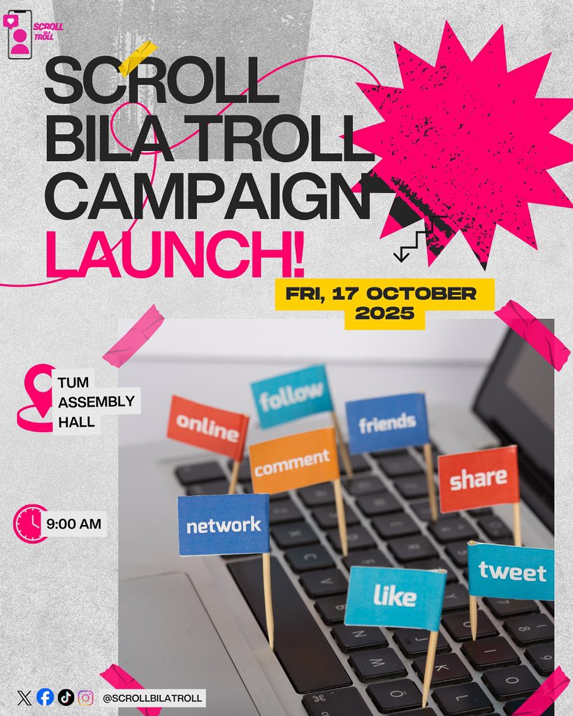 🚨 Something BIG is coming… and guesss what….you’re on the guest list!
Be part of the *ScrollBilaTroll Campaign launch* — where we kickstart a kinder internet campaign movement🌐💬
📅 17 th October 2025📍 TUM Assembly Hall
You dont want to miss this!!Bring your good vibes🚀