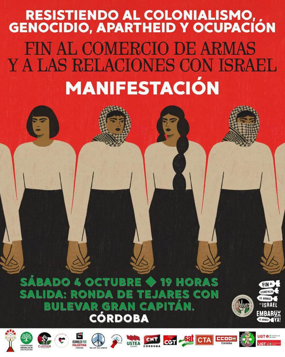 AnticapiCordoba's tweet photo. Saldremos a la calle el sábado 4 de octubre en decenas de ciudades para gritar bien alto Basta al genocio contra el pueblo palestino y en contra de la complicidad de los gobiernos del mundo, incluidos el español.
A las 19h en Ronda de los Tejares (Córdoba)
#FreePalestine https://t.co/Me413zc6Nq