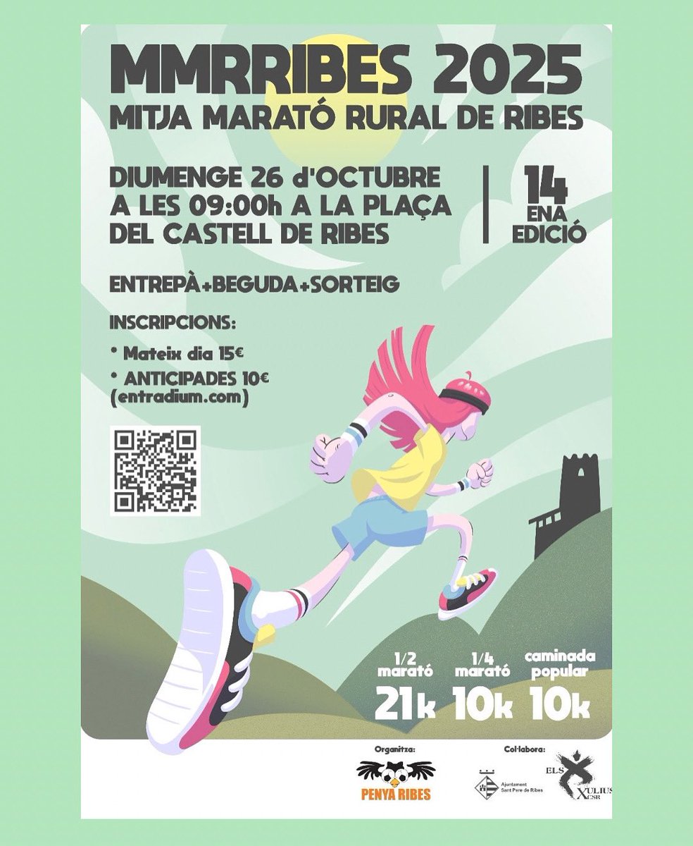 Benvingut #Octubre  
INSCRIPCIONS OBERTES a la Web ENTRADIUM per la #MMRRibes del 26 d’Octubre
Nous recorreguts #21K #10K #CAMINADA10K  Entrepà de butifarra 
IMPRESCINDIBLE portar got
NO es poden portar animals
Gràcies als col.laboradors, SORTEIG de regals
Organitza #PenyaRibes