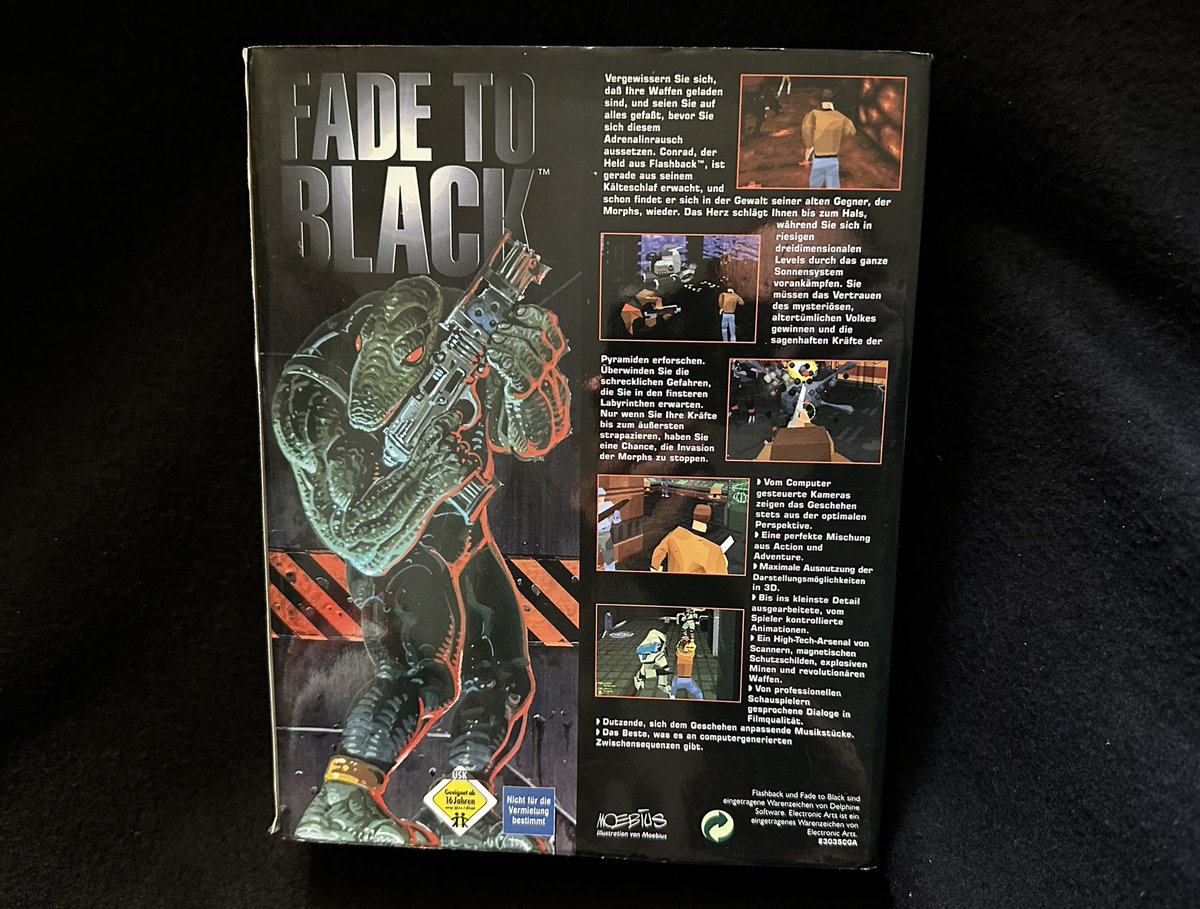 JoachimHesse's tweet image. „Illustrationen von #Moebius“ steht auf der Rückseite der Packung von #FadeToBlack. Moebius ist ein französischer Comic-Zeichner, der leider schon vor über 13 Jahren gestorben ist. Steinigt mich nicht, aber mir gefallen Zeichnungen wie dieser Echsenkrieger besser als das Spiel.