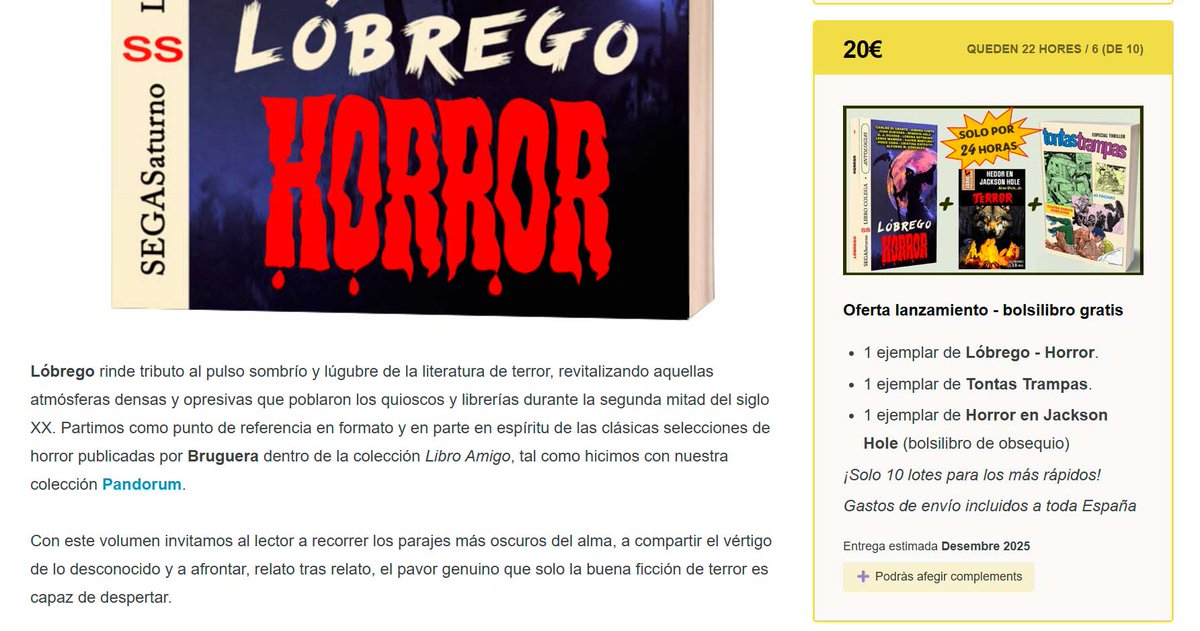 Ya está en marcha el crowdfunding de Lóbrego – Horror 🩸📖
➡️ vkm.is/lobrego
Recompensas exclusivas durante las primeras 24h ⚡
Packs con unidades limitadas 🔥
Gastos de envío incluidos ✅