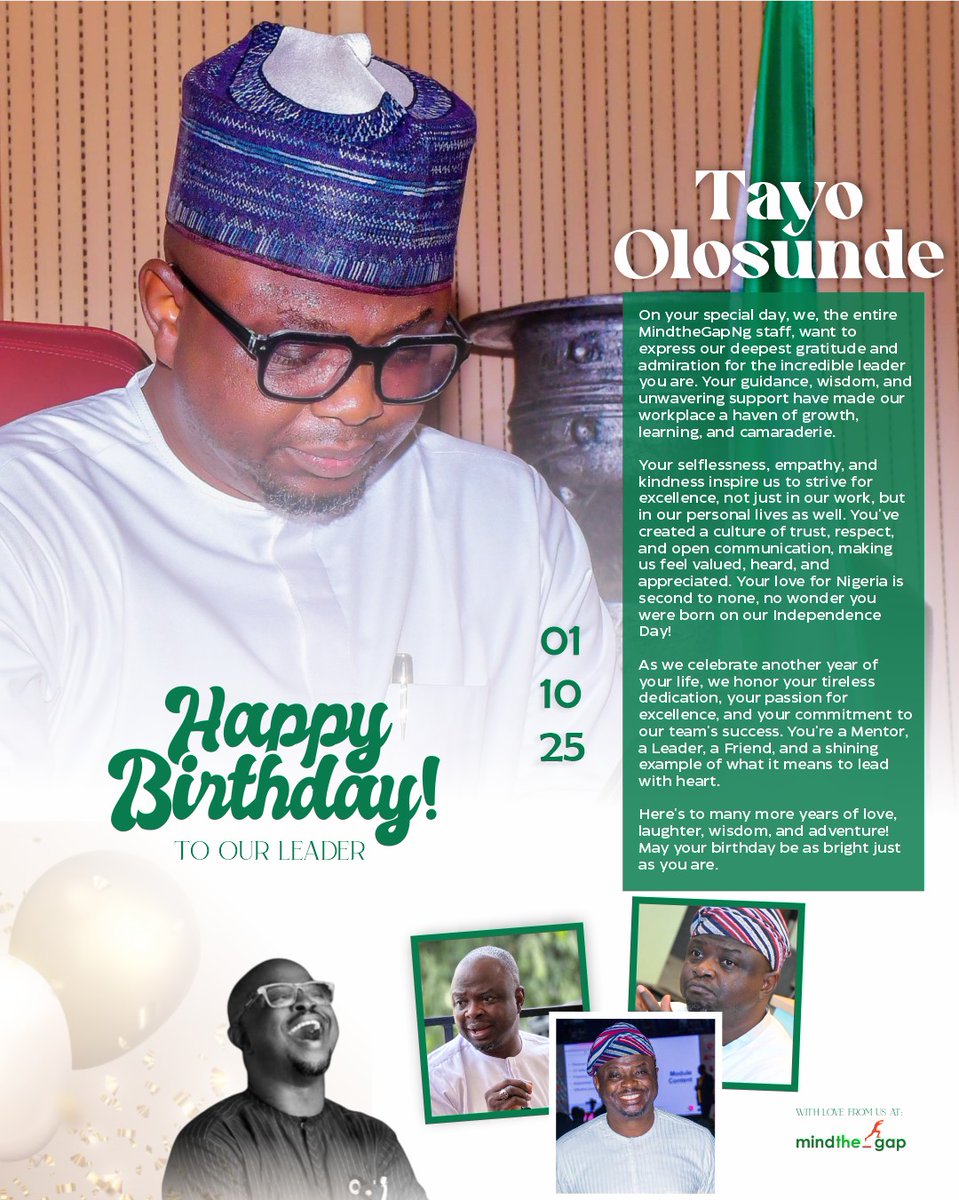 Happy Birthday to our visionary leader, Tayo Olosunde! 🇳🇬 
Your selfless leadership and passion are the reason Mindthegap is a "Way of Life." 
Celebrating you today as we celebrate Nigeria's Independence!

#HappyBirthdayMrTayo #Mindthegap #NigerianLeader  #YouthCentric
