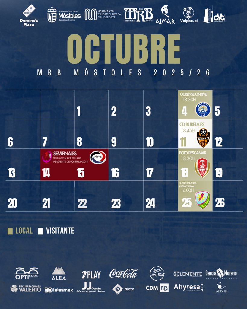 ᴄᴀʟᴇɴᴅᴀʀɪᴏ 

Estos son los partidos que jugaremos en el mes de octubre.

🏠 4/10 J-5 🆚 <a href="/OUontimeFSF/">Ourense Ontime FSF</a> (18.30h)
🚌 11/10 J-6 🆚 <a href="/burelafs/">CD Burela FS</a> (18:45h)
🚌 14-15/10 Semifinales TCAM 🆚 <a href="/cdrivasfutsal/">C.D. Rivas Futsal</a> 
🏠 18/10 J-7 🆚 <a href="/PoioPescamarfs/">Poio Pescamar FS</a> (18.30h)
🏠 25/10 J-8 🆚 <a href="/AtleticoTorcal/">Nueces de Ronda Atlético Torcal</a> (16.00h)