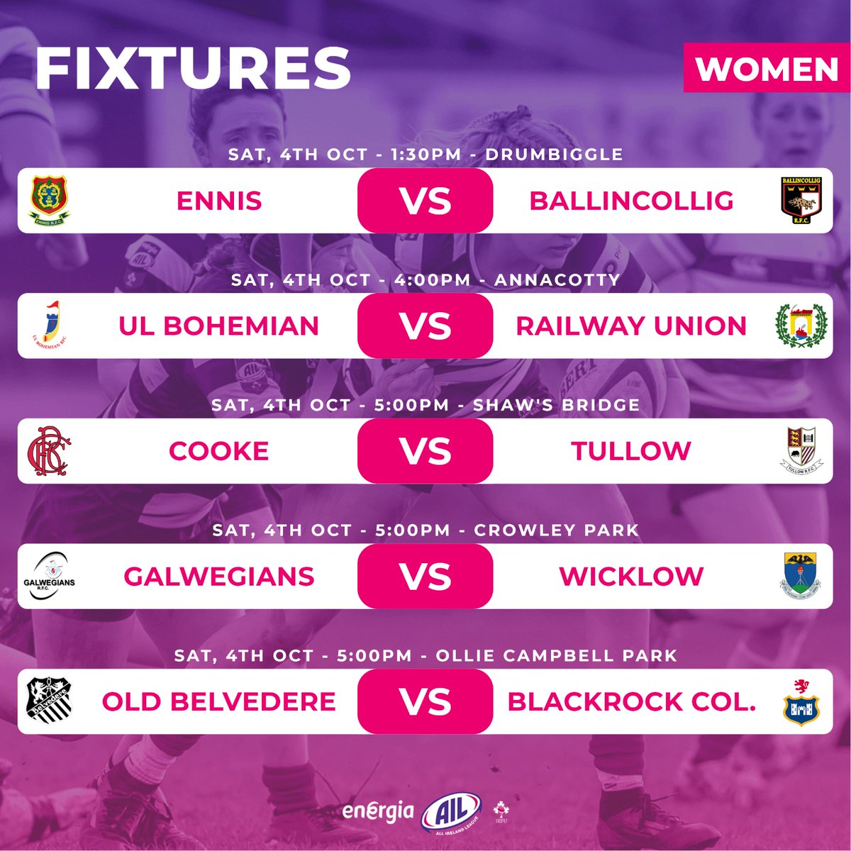 IrishRugby's tweet image. Round 2 is set 🏉 Your #EnergiaAIL Women&apos;s and Men&apos;s 1A and 1B fixtures for the weekend ahead.

📺 Watch @ULBohsWomen  v @RFCRailwayUnion  live on IrishRugby+ at 4pm on Saturday.

#IrishRugby