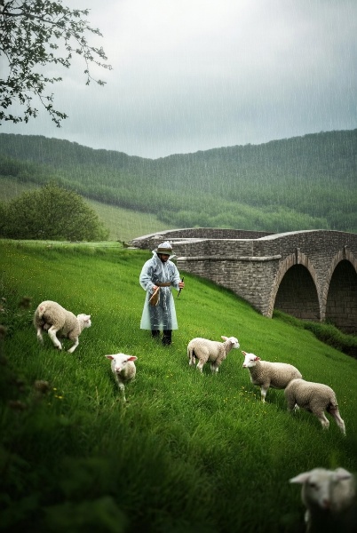 MagicThingsX's tweet image. A rainy spring hillside with a shepherd and lambs, framed by a stone bridge and detailed raindrops. #SpringRain #Countryside #NatureLovers