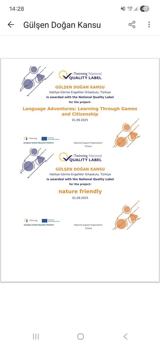 Okulumuz Müdür Başyardımcısı Gülşen DOĞAN KANSU, 2024-2025 Eğitim Öğretim yılında yürüttüğü "Nature Friendly" ve "Language Adventures:LearningTrough Games and Citizenship" adlı iki proje ile E twinnig Ulusal Kalite Etiketi ödülünü almaya hak kazanmıştır.