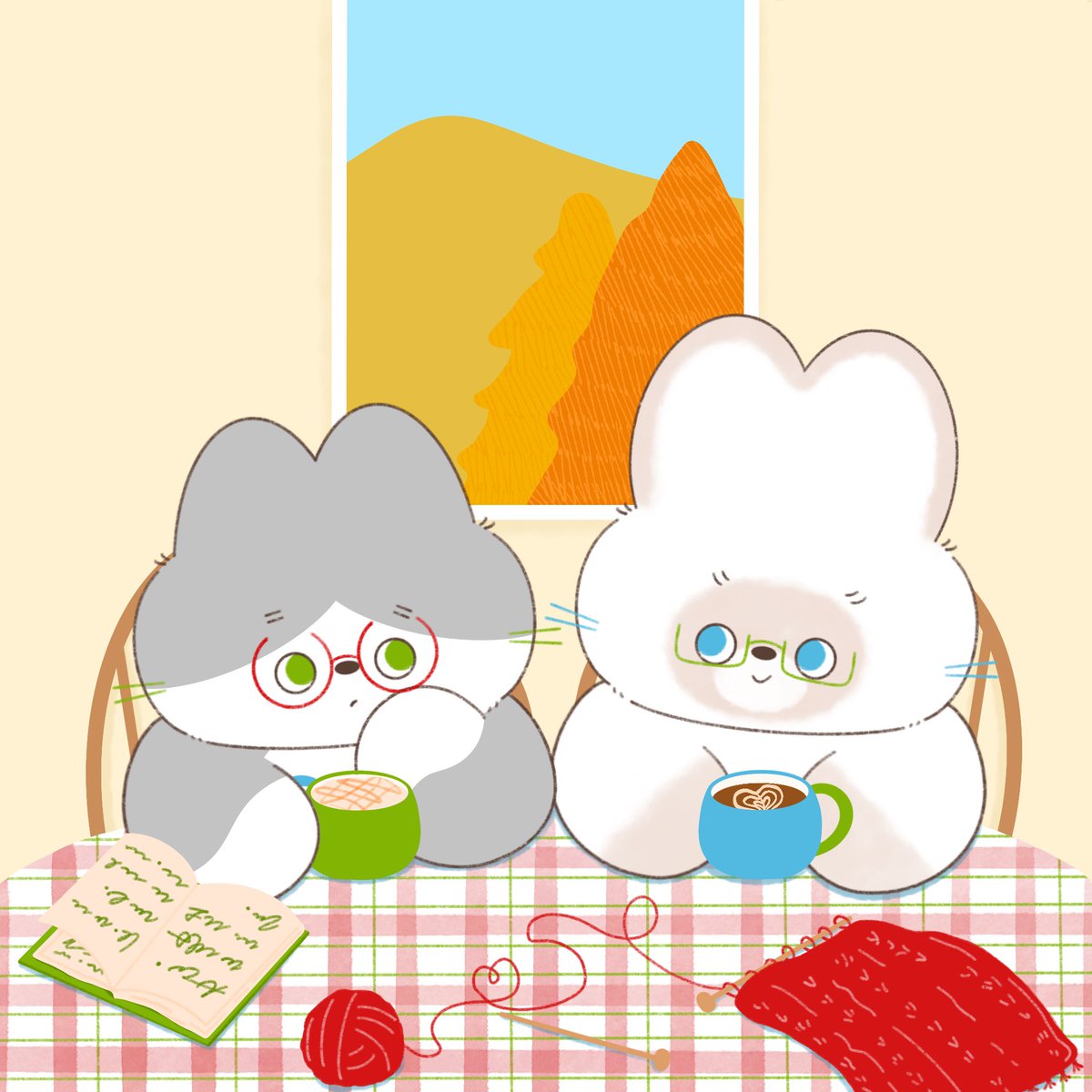 秋の午後☕ 編み物と本のミヌとラピ
メガネも似合う？

#メガネの日 #秋イラスト #ミヌとラピ #オリキャラ