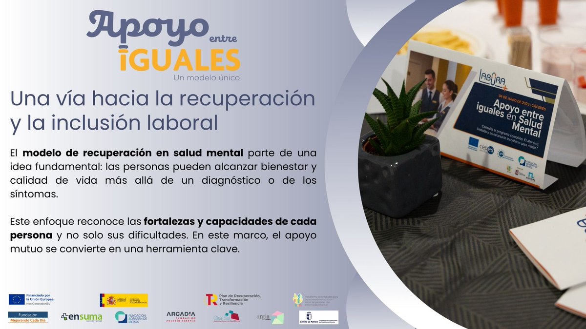 El modelo de recuperación en salud mental🌿destaca las fortalezas de las personas💪más allá del diagnóstico, usando el #ApoyoEntreIguales 🤝para fomentar la recuperación🌈la inclusión laboral💼y la creación de empleo🌍

<a href="/Red_ISEM/">Red ISEM</a> <a href="/GIRASOLSalutMen/">Associació GIRA-SOL</a> <a href="/P_Recuperacion/">Plan de Recuperación</a> <a href="/empleogob/">Ministerio Trabajo y Economía Social</a>