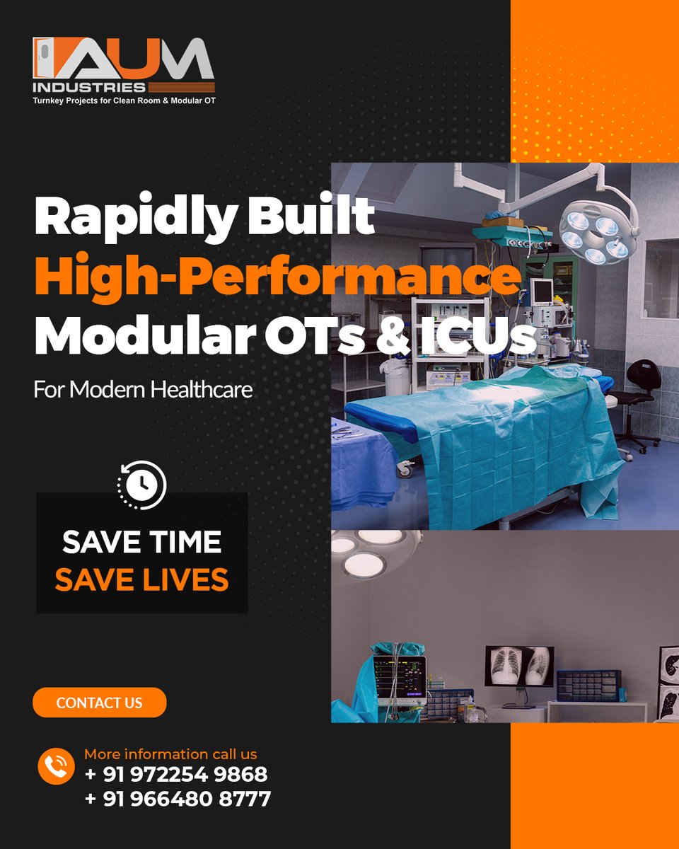 AumIndustries's tweet image. Rapidly built, precisely engineered—our Modular OT &amp;amp; ICU setups are designed for high performance, infection control, and quick deployment.

#ModularOT #ModularICU #AUMIndustries #RapidExecution #HealthcareInfrastructure #TurnkeySolutions #SmartHospitals #InfectionControl