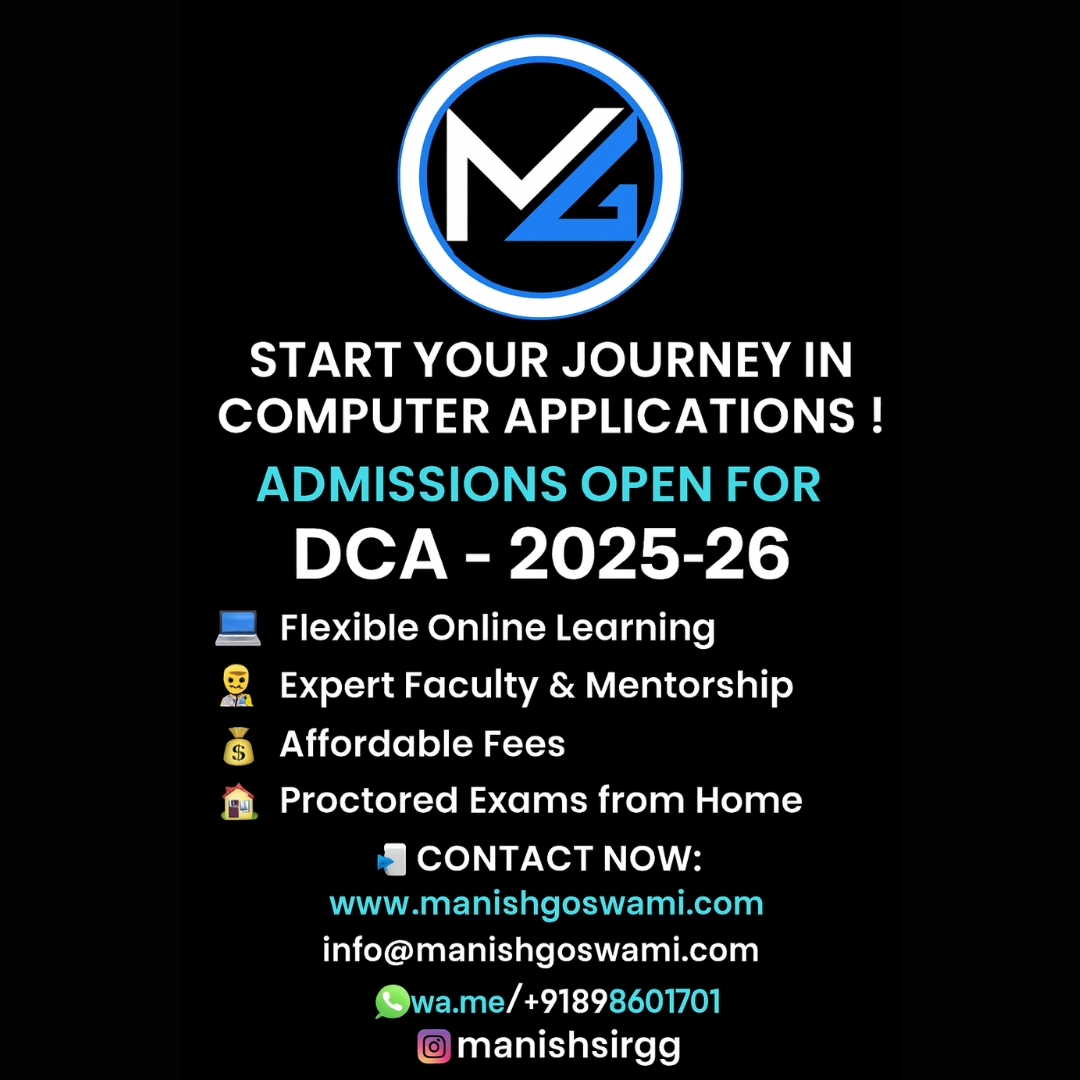 🎓✨ Start Your Journey in Computer Applications!

Admissions are OPEN for Diploma in Computer Applications (DCA) – 2025-26 📚💻
✅ Flexible Online Learning
✅ Expert Faculty &amp; Mentorship
✅ Affordable Fees
✅ Proctored Exams from Home

Don’t miss this opportunity to build your