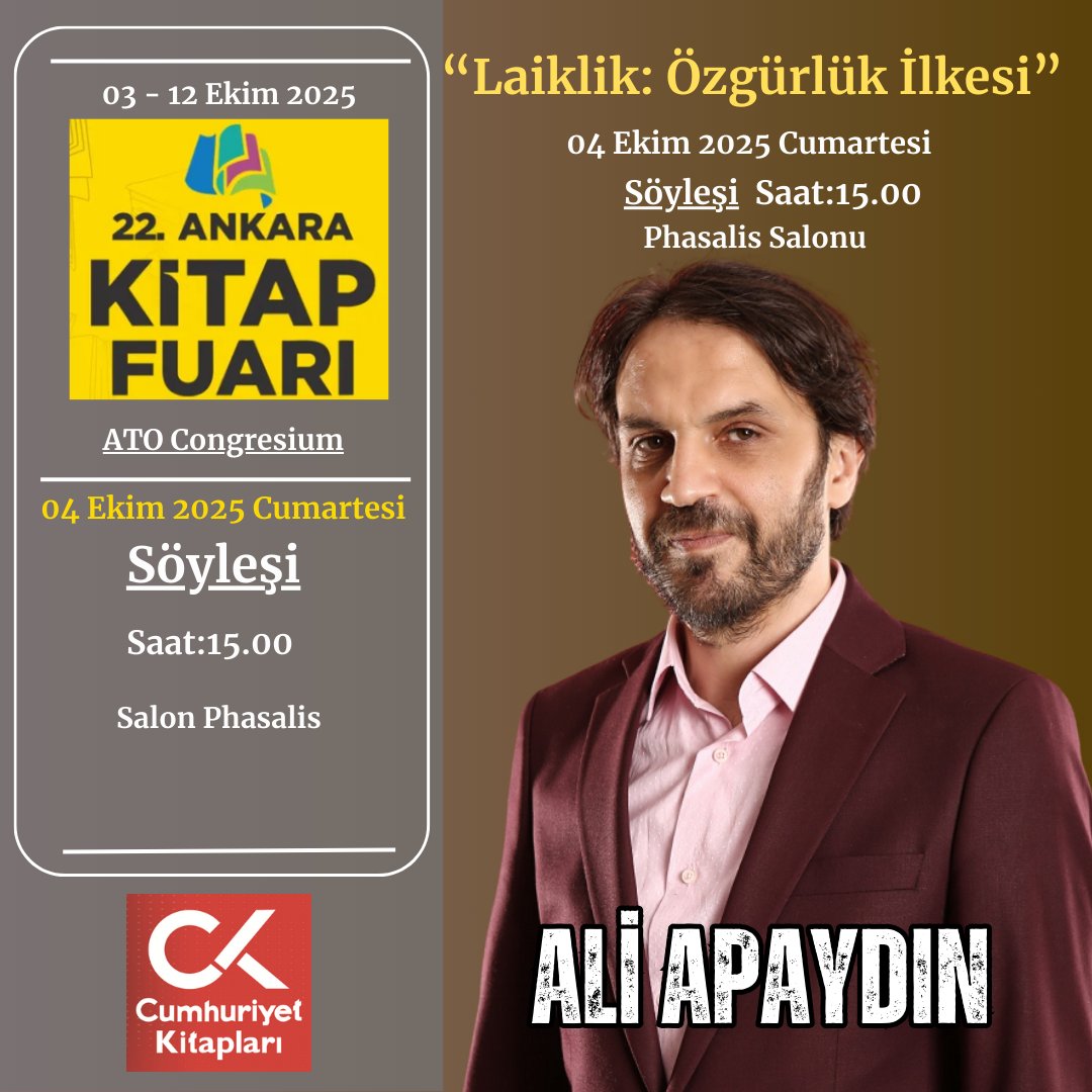 22. Ankara Kitap Fuarı kapılarını açıyor,

Fuarın ziyaret saatleri sabah 10.00 ile akşam 20.00 saatleri arasında olacak.

 Cumhuriyet Kitap yazarları da  okurlarıyla buluşuyor. 

#ALİ APAYDIN
#HÜNER TUNCER
#ORHAN TÜLEYLİOĞLU
#RİFAT ESEN