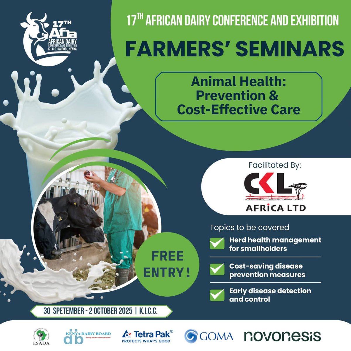 CKLAfricaltd's tweet photo. Honored to welcome CS Mutahi Kagwe together with our CEO @MucaiKunyiha  at the 17th African Dairy Conference &amp; Exhibition! @DairyESADA. Visit us at our stand, KICC Nairobi 🗓 30th Sept – 2nd Oct 2025
Pass by, learn more, ask questions, and let’s grow dairy farming together. 💚 https://t.co/kpl98GHXeo