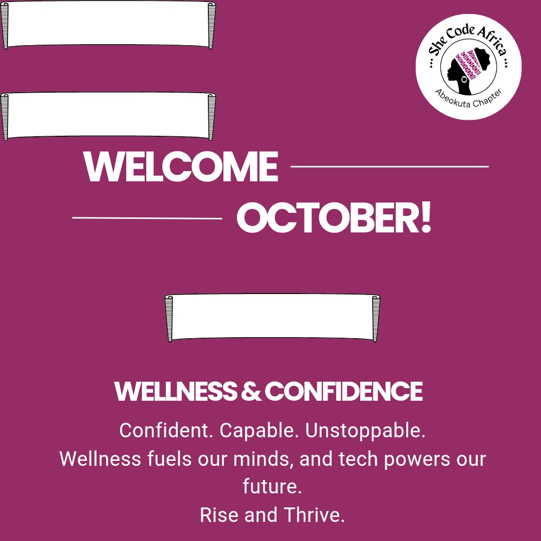 SCAabeokuta's tweet image. Hello, October!

We&apos;re syncing up Tech, Wellness &amp;amp; Confidence, because thriving in tech isn’t just about coding harder, but living smarter.

This month;
✨ Prioritize your mental health.
✨ Own your voice.
✨ Find your power.

#SCA #TechAndWellness #GirlsWhoCode #MindfulTech