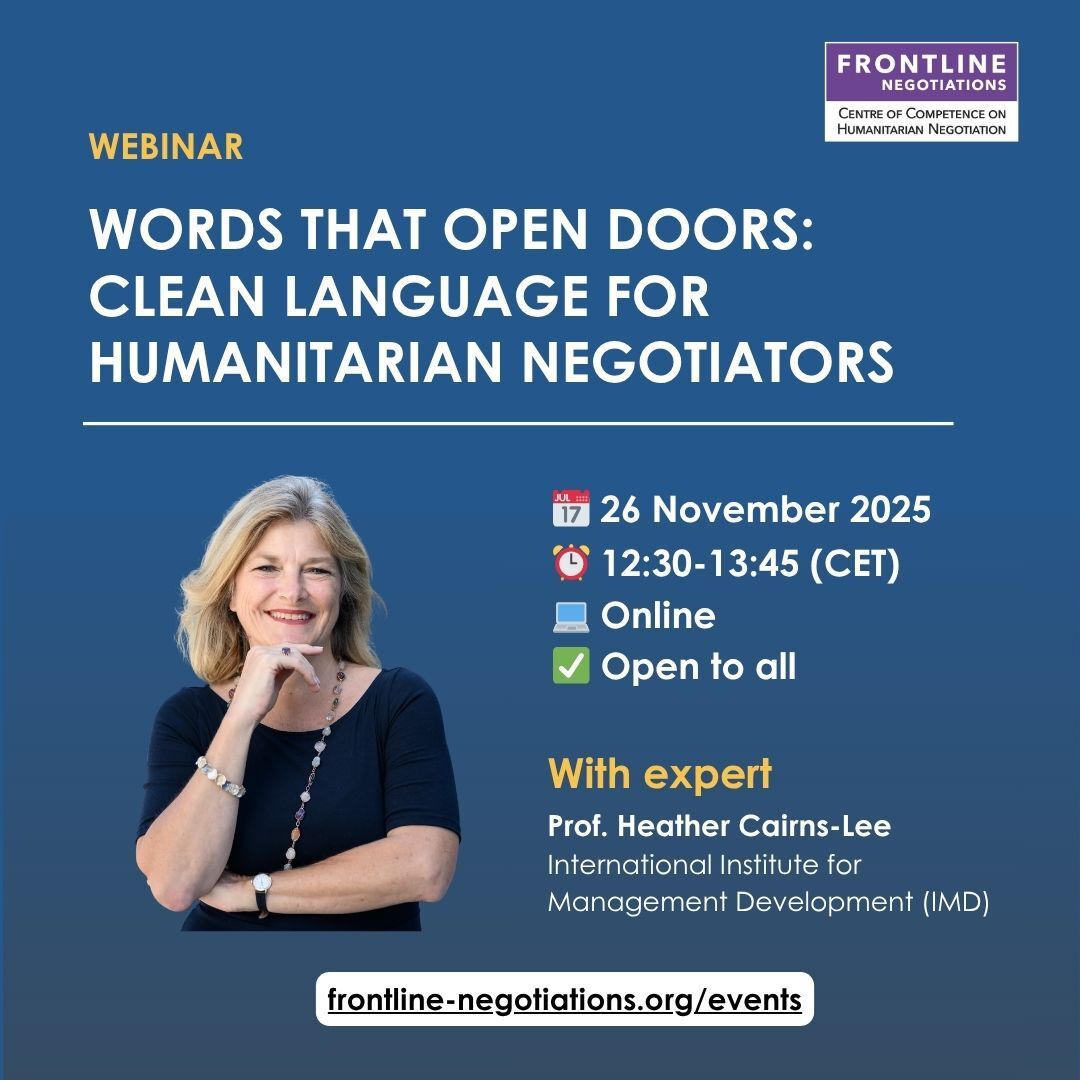 frontline_nego's tweet image. 🤝 In negotiations, strategy is essential... but not enough.
Join our upcoming webinar with Prof. Heather Cairns-Lee from @IMD_Bschool to learn how to use communication strategically in humanitarian negotiations.
🔗 hubs.la/Q03LG1yj0