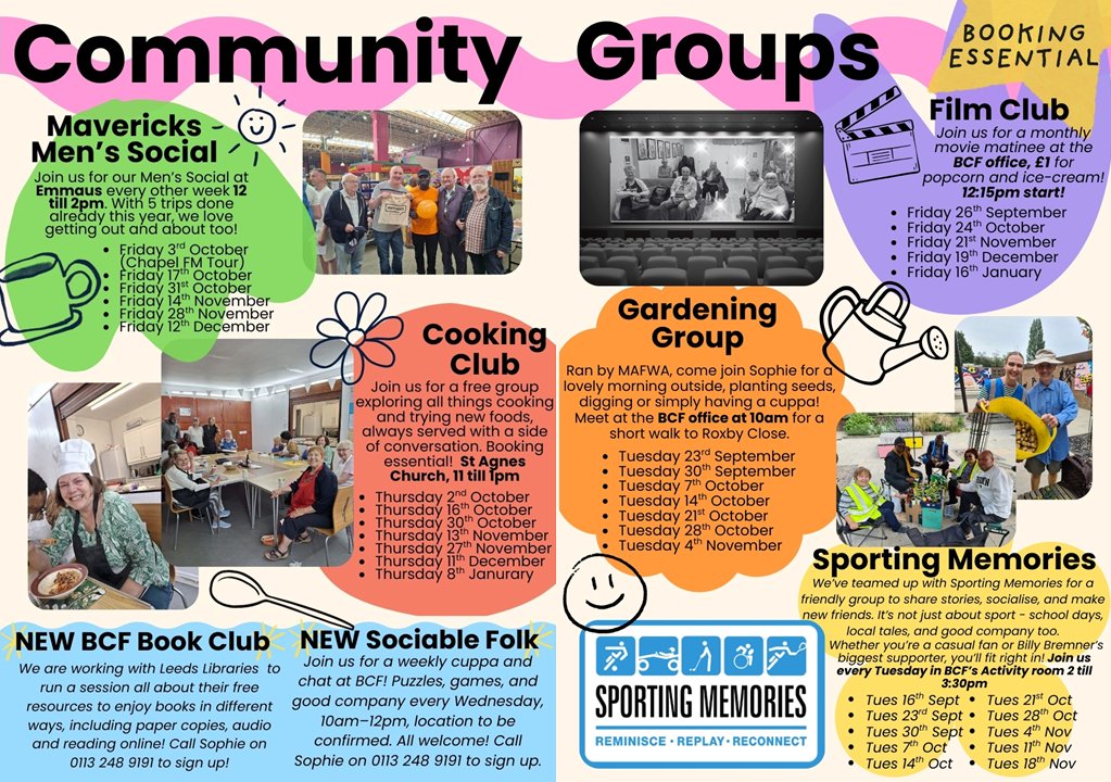 New groups at BCF this autumn &amp; winter!
From cooking 👩‍🍳 and gardening 🌱 to films 🎬, books 📚 &amp; chats ☕ - there’s something for everyone!
We’re launching THREE NEW groups:
📖 Book Club
🗣️ Sociable Folk
⚽ Sporting Memories
Come along &amp; make new connections!