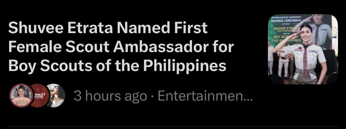 miclarita_'s tweet image. Scout Ambassador of @boyscoutsPH, Shuvee Etrata is featured in X’s news today!

SHUVEE SCOUT AMBASSADOR