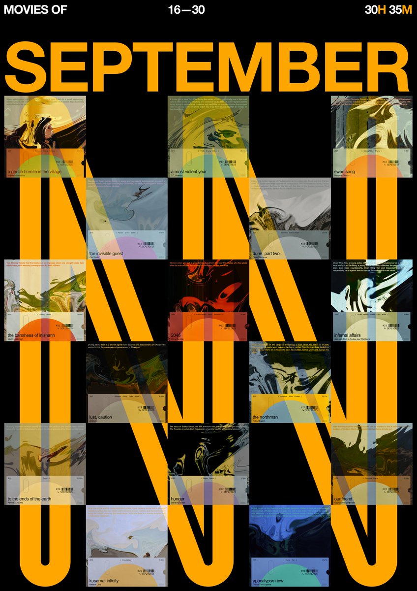 Movies of September.

Favorites this month:
☆ The Station Agent (2003)
★ Dune: Part Two (2024)
☆ The Banshees of Inisherin (2022)
☆ The Northman (2022)
☆ Our Friend (2019)