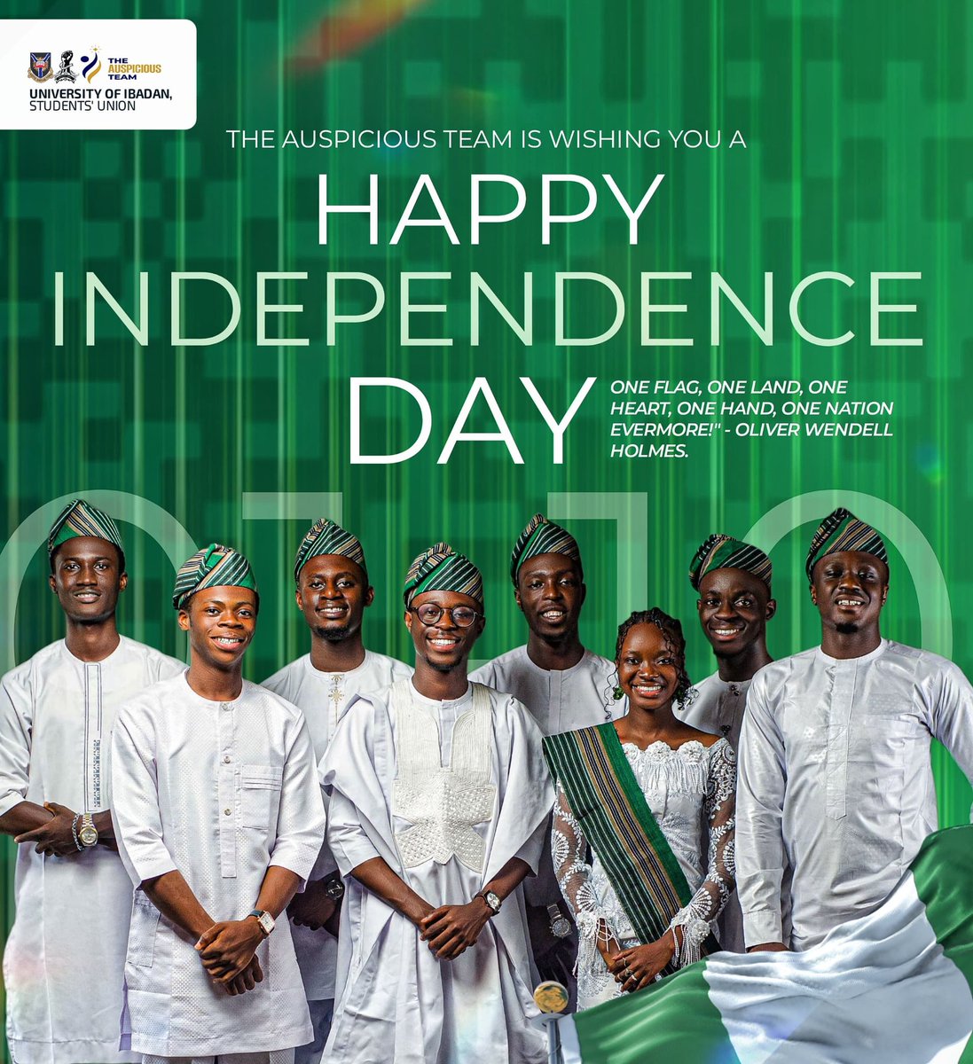 studentsunionui's tweet photo. 🇳🇬HAPPY INDEPENDENCE DAY, GREATEST UITES🇳🇬 

On this special day, The Auspicious Team celebrates the heart and soul of our beloved Nigeria! 🇳🇬 We honor the resilience, dreams, and unyielding spirit of every Uite whose passion and unity make this nation extraordinary.

As our dear country clocks 65 today, we implore us all to journey forward with hope and determination, building a brighter and stronger Nigeria together.

✨ Happy Independence Day! 🇳🇬