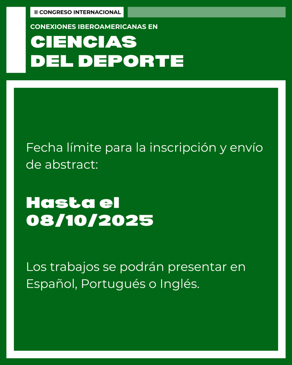 📢 ¡Atención investigadores del deporte!

Ya está abierta la convocatoria de resúmenes para el II Congreso Internacional “Conexiones Iberoamericanas en Ciencias del Deporte” 

🗓 Envía tu abstract hasta el 08/10/2025

🌍 Idiomas: 🇪🇸 🇵🇹 🇬🇧

🔗 congresocafyd2025.euosuna.org/congreso-1.php