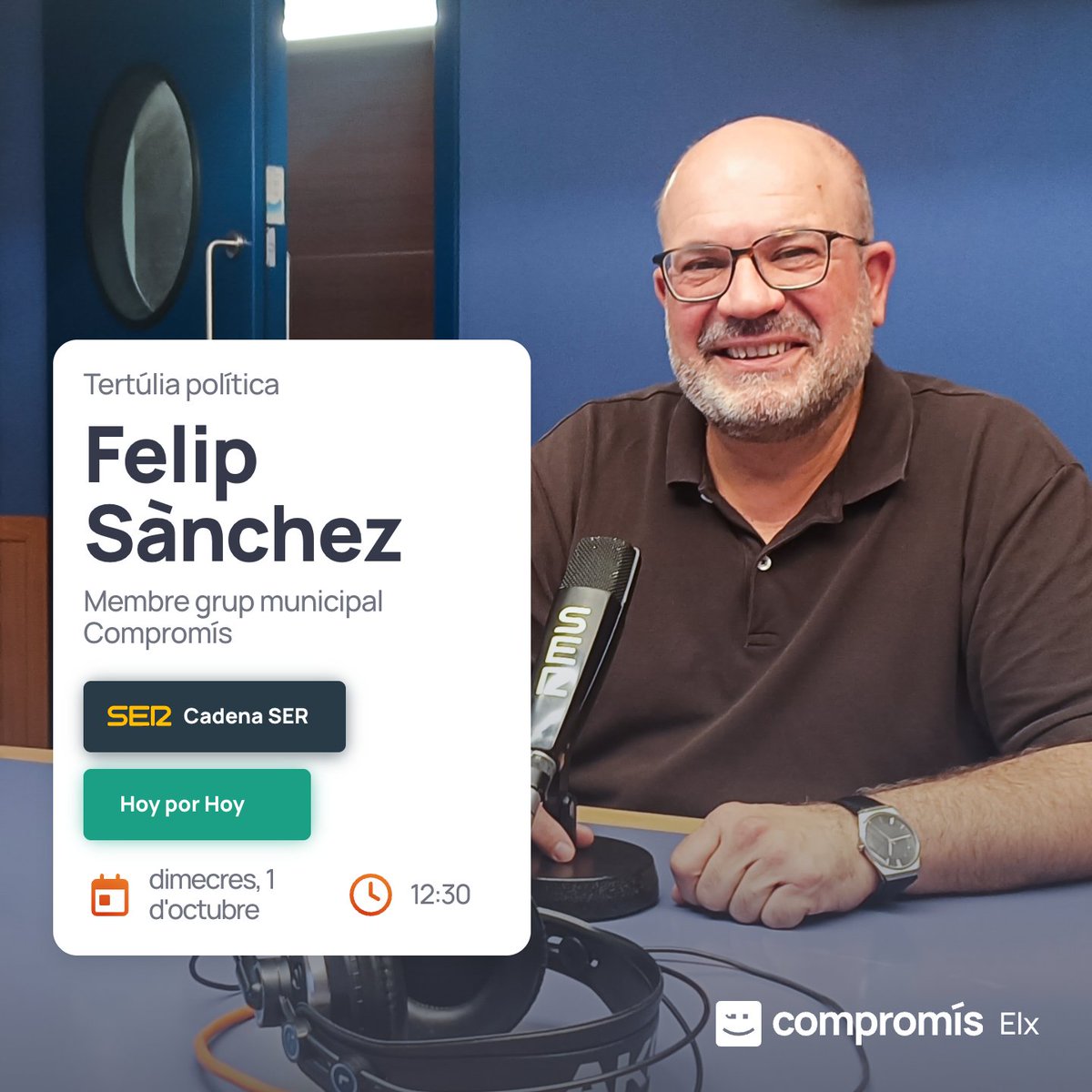 Compromís per Elx (@compromiselx) on Twitter photo 🗣️ Aquest matí participem en la tertúlia política de <a href="/RadioElcheSER/">Radio Elche Cadena SER</a>.
🎙️ Debatem sobre algunes de les qüestions més destacades del ple del passat dilluns.
🔗 A partir de les 12:30 hores, amb el nostre company <a href="/Felip_sg/">Felip Sànchez</a>, en cadenaser.com/radio-elche/
#ràdio #tertúlia #elx 🗣️ Aquest matí participem en la tertúlia política de <a href="/RadioElcheSER/">Radio Elche Cadena SER</a>.
🎙️ Debatem sobre algunes de les qüestions més destacades del ple del passat dilluns.
🔗 A partir de les 12:30 hores, amb el nostre company <a href="/Felip_sg/">Felip Sànchez</a>, en cadenaser.com/radio-elche/
#ràdio #tertúlia #elx