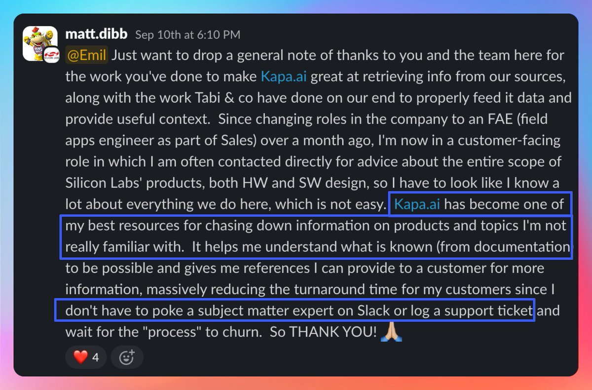 The next time someone says they don’t believe the AI hype, send them this message. “Feel free to quote me in testimonials” is the sign of a happy customer. But look at how AI tangibly impacted his job.

The TL;DR is:

- Matt works at @SiliconLabs, a $4.5 billion semiconductor