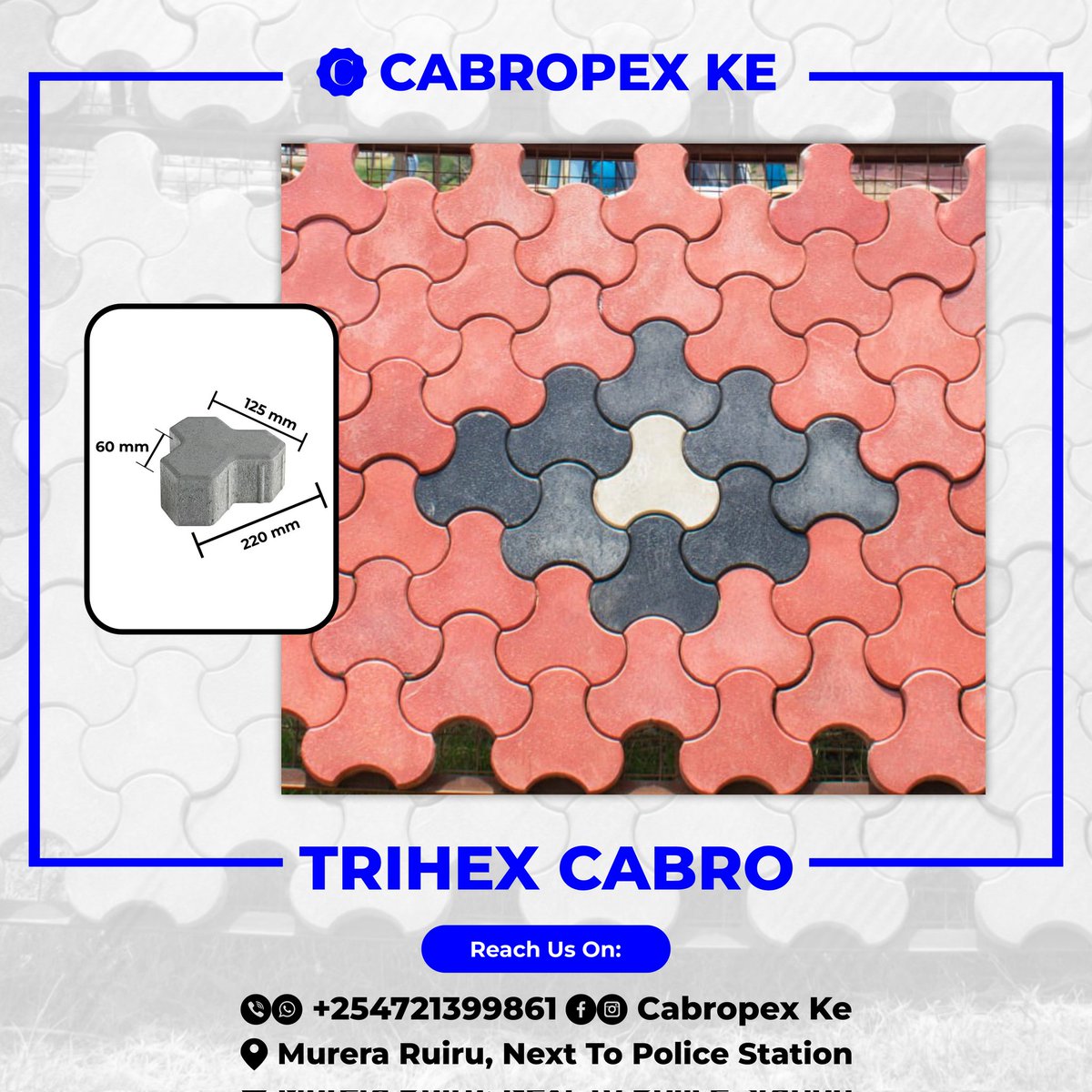Transform your home's compound with our high-quality Trihex cabro blocks, available in customized colors to suit your style.
Call us 0721399861 for a quote or visit our factory in Murera Ruiru and discover our offers.
#TrihexPavers #Cabros #lanscapibgdesign