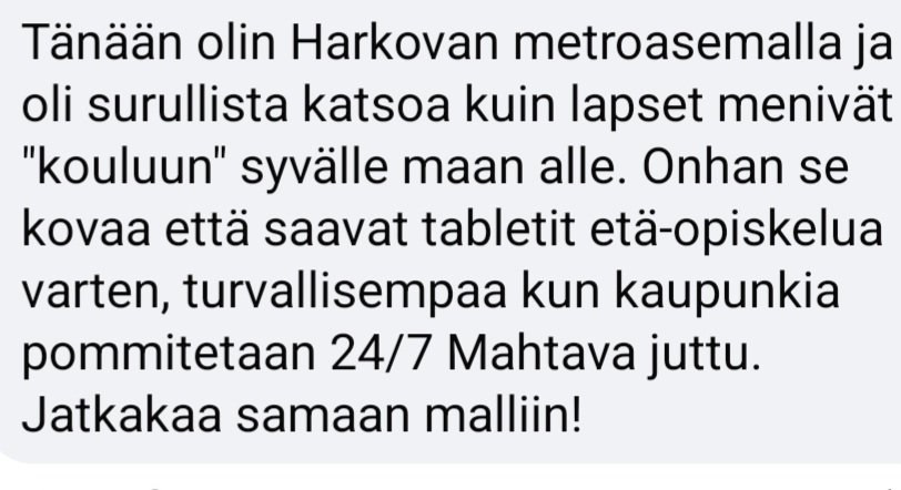Etäkouluhankkeemme Ukrainan koululaisille yhdessä kirjailija <a href="/Tommi_Kinnunen/">Tommi Kinnunen</a> kanssa on tuottanut jo upeat 3801€! Kiitos ihmiset! 💪🫡

Alla kommentti paikanpäältä hankkeeseemme liittyen.

Osallistu sinäkin!
FI08 1544 3000 379524
Mobilepay: 21061
Saaja: UkrainApu
Viesti: Koulu