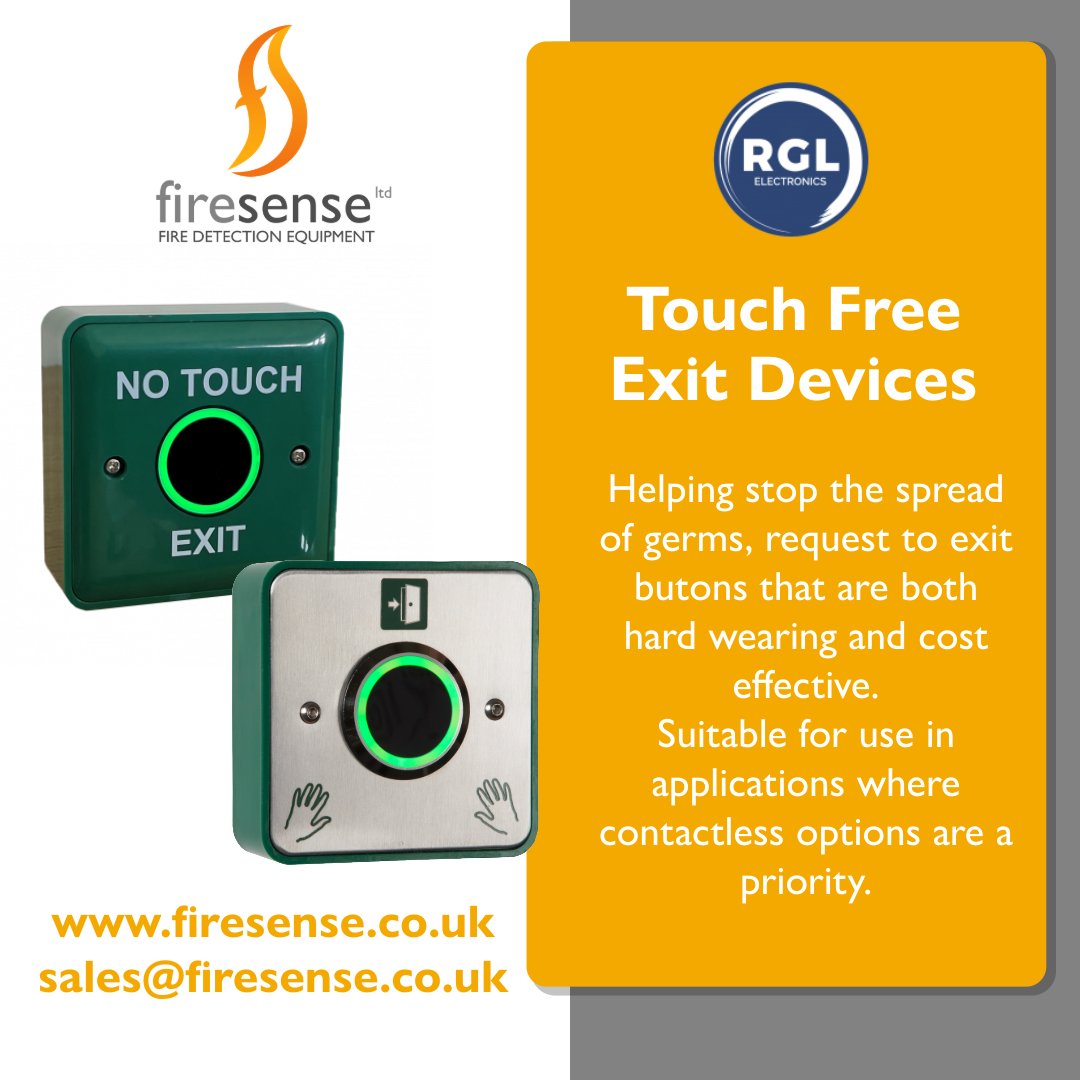 Firesenseltd's tweet image. The @RGLElectronics &apos;s range of Touch Free Exit devices are both hard wearing and cost effective. With a wealth of features across the range contact your Account manager to see which one may be suitable for your install.
#rgl #exitbutton #touchfree #requesttoexit #contactless
