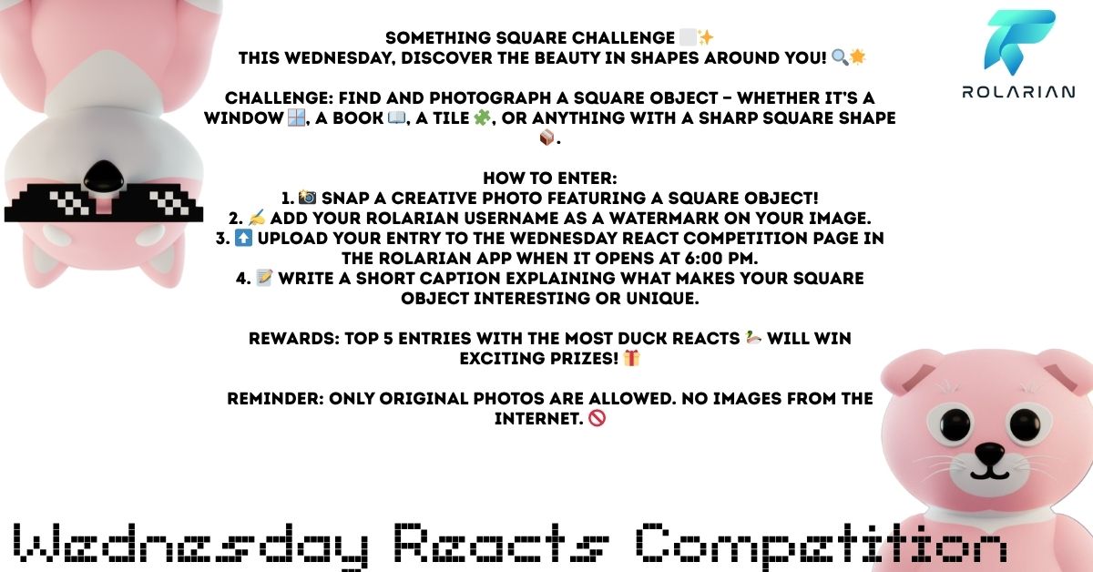 officialROLAai's tweet photo. This Wednesday, it's hip to be square! β¬οΈπ Participate in the #Rolarian "Something Square" Challenge. πΈ Photograph any square object, watermark it, and upload to the app by 6 PM. β° Top 5 duck reacts win prizes! π¦π #WednesdayReacts π https://t.co/B5QQovPGqw
