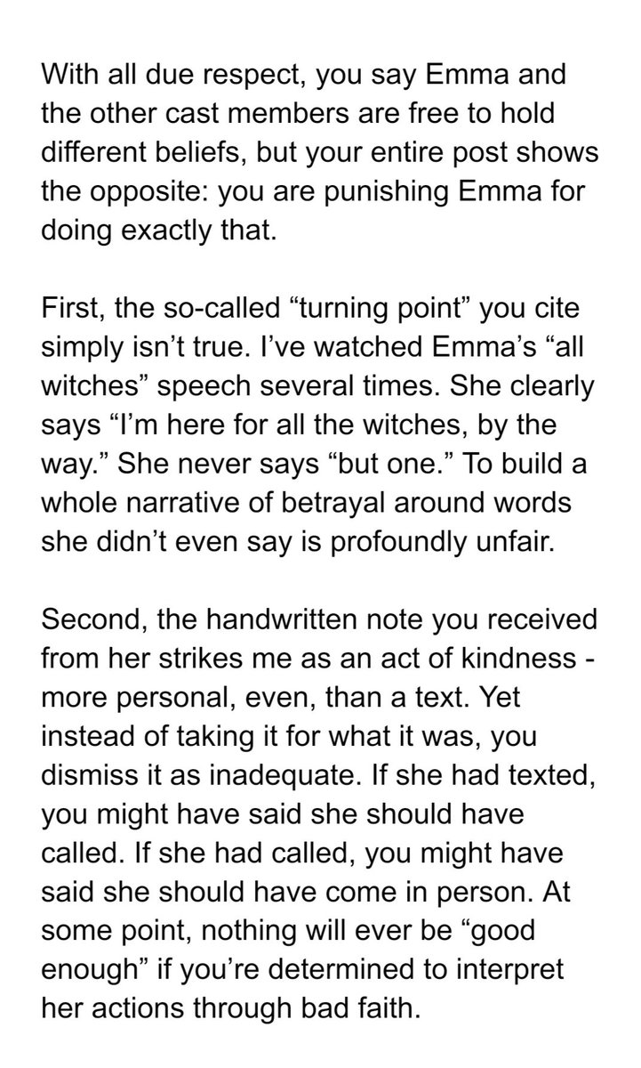 Berenice___'s tweet photo. @jk_rowling Emma never said ‘but one’ in her speech, her note seems genuine kindness and after she spoke only love, responding with a character attack is cruel. https://t.co/uR9DBPaZAR
