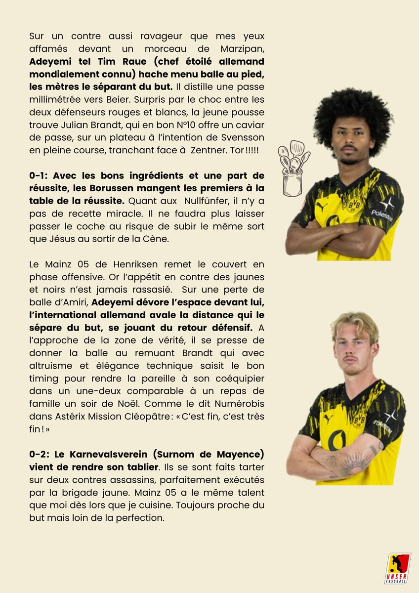 unserfussball's tweet photo. 📝🍽️ Mainz 05 – BVB : Dortmund cuisine Mayence comme un chef !
Le club a investi plusieurs millions pour rénover les cuisines... et ça se sent aussi sur le terrain. À la Mewa Arena, Adeyemi & co ont servi un 0-2 digne d’un grand restaurant. Guten Appetit !
Likes & RT 🔁#M05BVB https://t.co/AZeErNa3dW