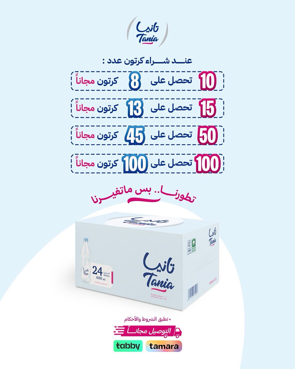 تطورنا..بس ما تغيرنا💧💙
عروض مياه تانيا بالهوية الجديدة..اطلب العرض اللي يناسبك الآن🤩

#مياه_تانيا #احتفل_بالحياة