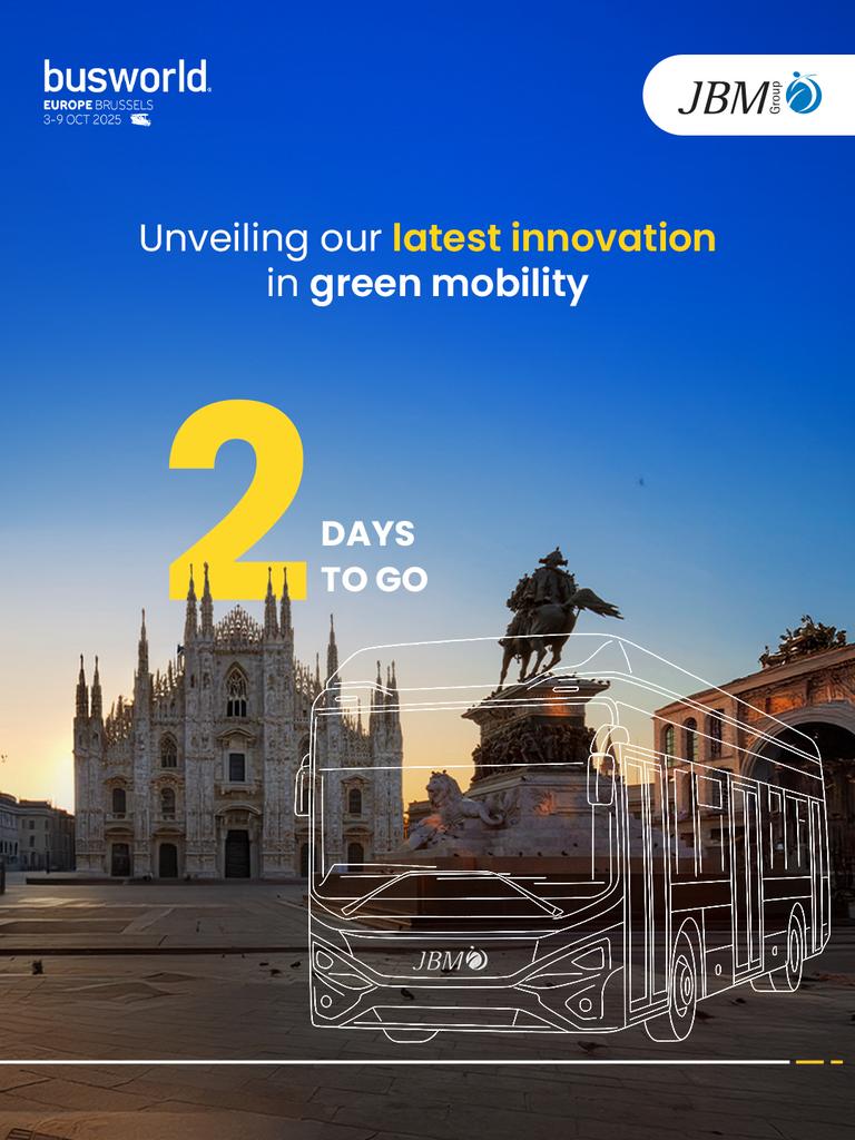 Just 2 days to go. JBM is ready to unveil the future of urban mobility at #Busworld2025, Brussels. Clean energy, sustainable impact and smarter journeys for cities worldwide.
#JBMGroup #FutureOfMobility #SmartMobility #CleanEnergy