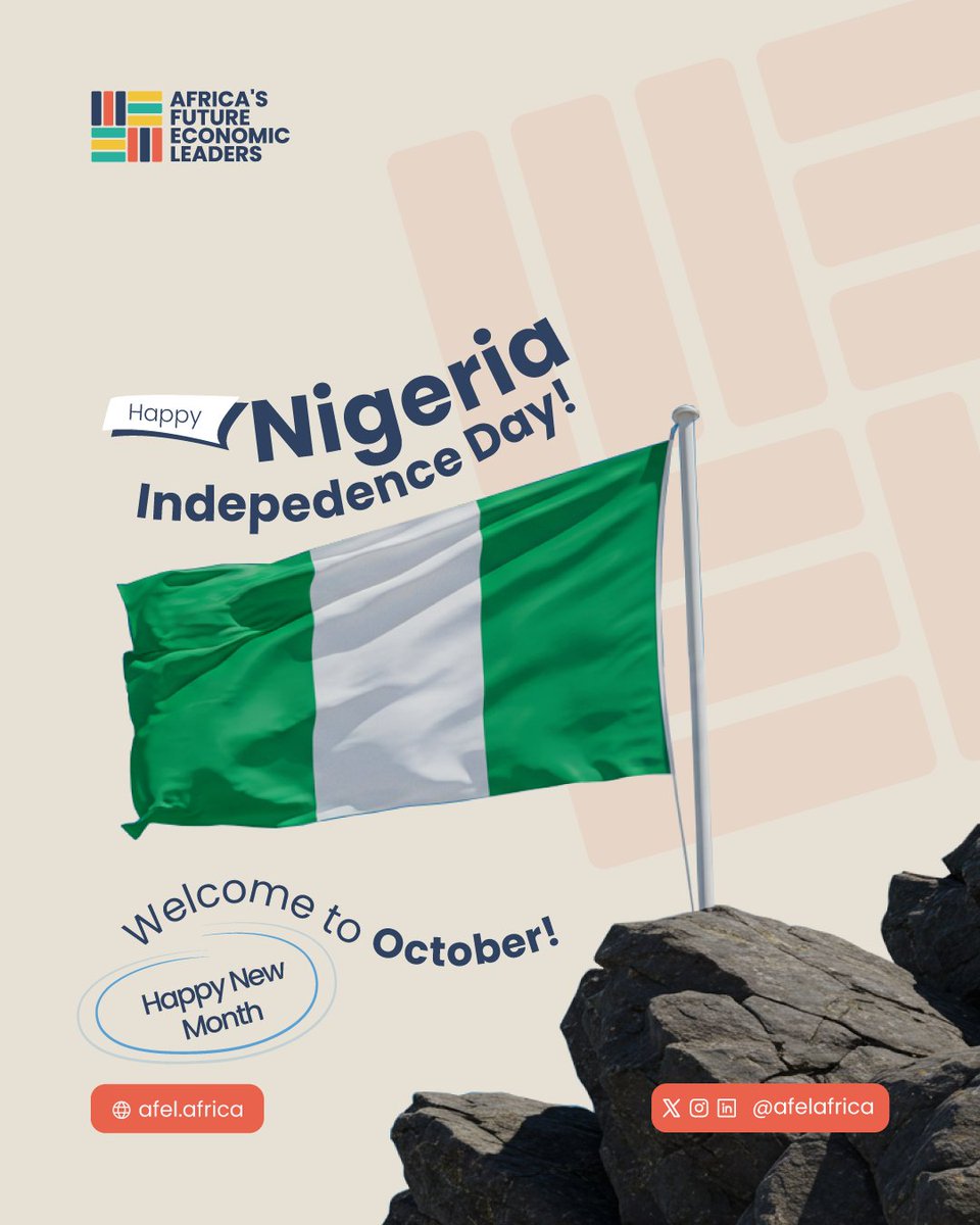 🇳🇬 Happy Independence Day, Nigeria! 🎉💚
We celebrate 65 years of nationhood, a journey marked by resilience, struggles, triumphs, and the unyielding spirit of her people.

Here’s to a Nigeria that rises stronger.🥂
#AFEL #NigeriaAt65 #IndependenceDay #October1st