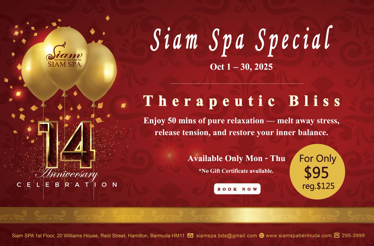 Celebrating 14 Beautiful Years!

✨ Because your wellness is our greatest pride, and your beauty is our inspiration.

Therapeutic Bliss Enjoy 50 mins For Only ✅$95 (reg.$125)
Oct 1 – 30, 2025
More Details🌐: siamspabermuda.com/page/id/14-yea…