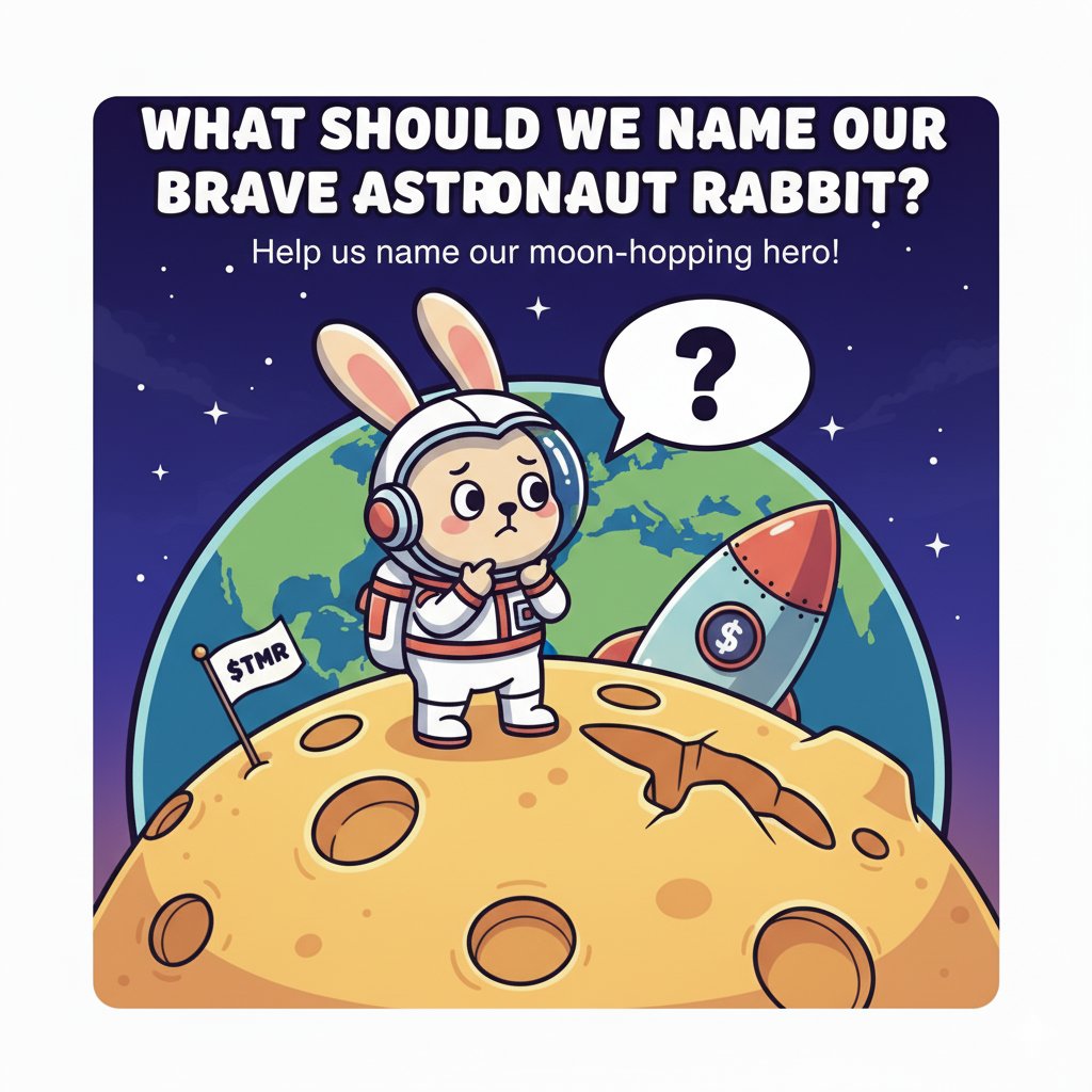DEV_MOONRABBIT's tweet photo. Every hero needs a legendary name! ✨ Our TOTHEMOONRABBIT astronaut is waiting for your brilliant ideas. What name perfectly captures his moon-hopping spirit?
​Drop your best suggestions below! 👇 The best name might even get a special reward!
​#NameTheRabbit #TOTHEMOONRABBIT #TMR #MemeCoin #CommunityPower
