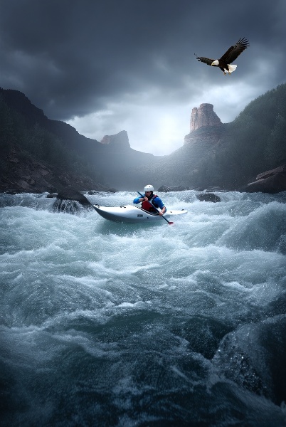 MagicThingsX's tweet image. A stormy summer canyon with a kayaker, bald eagle, and rock formation in ultra-detailed water. #SummerAdventure #Nature